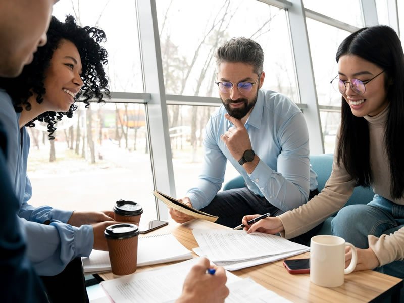 coworkers working and discussing ideas in the workplace